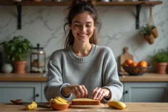 Femme souriante tranche un pain à la banane doré