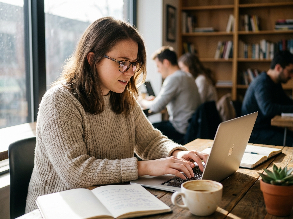 Jeune femme concentrée travaillant seule sur son ordinateur portable dans un espace de coworking contemporain