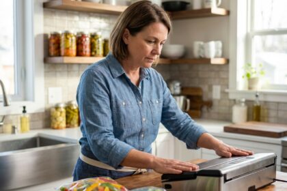 Femme en cuisine scelle des légumes frais avec un vacuum