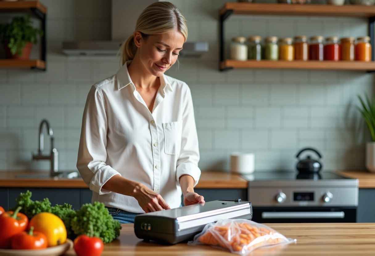 Femme en cuisine scelle des légumes frais avec un vacuum