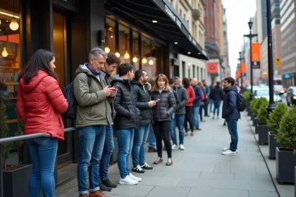 File d'attente de clients devant un restaurant Shake Shack en ville, avec barrières de foule et smartphones