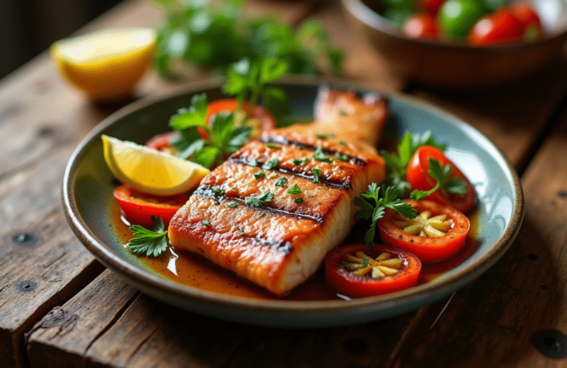Filet de poisson grillé sur une table en bois avec légumes et citron