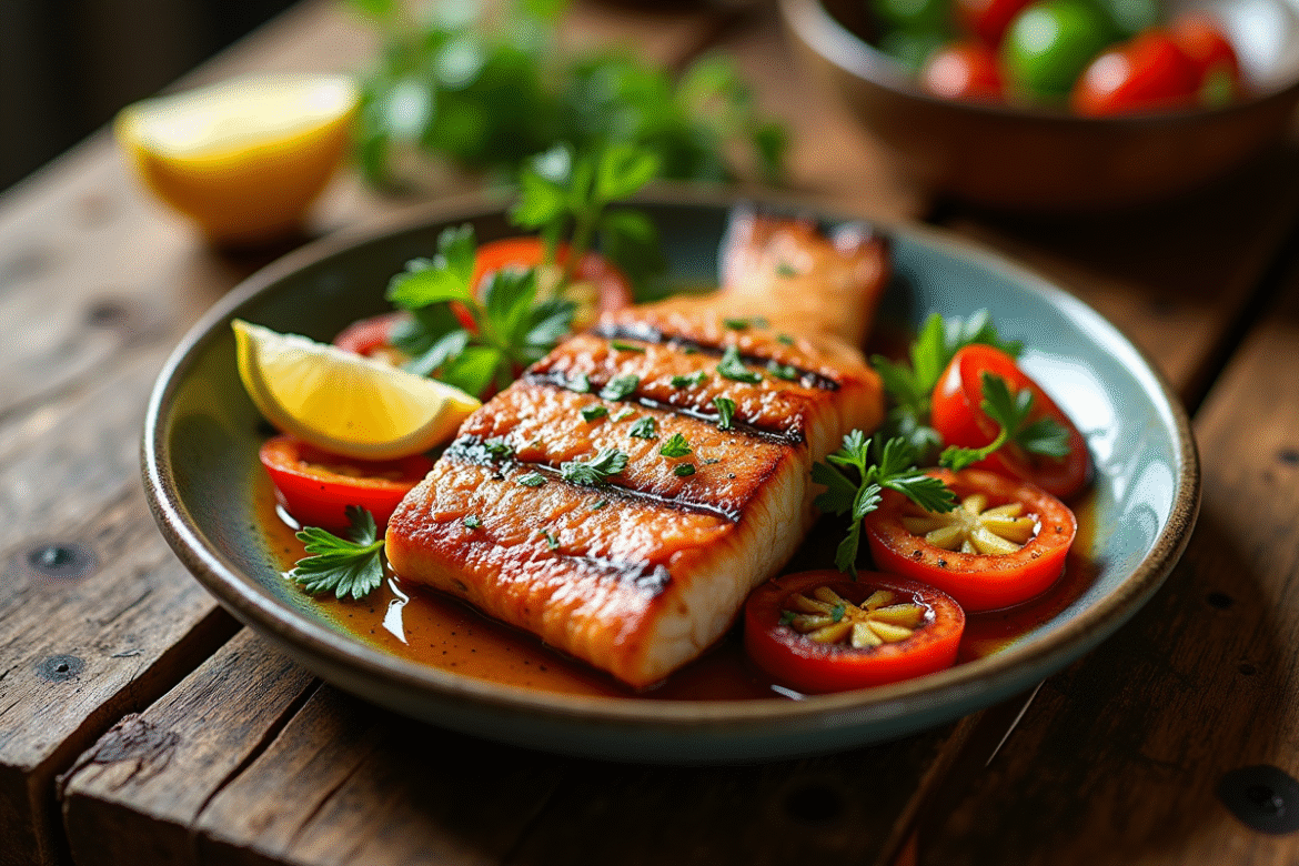 Filet de poisson grillé sur une table en bois avec légumes et citron