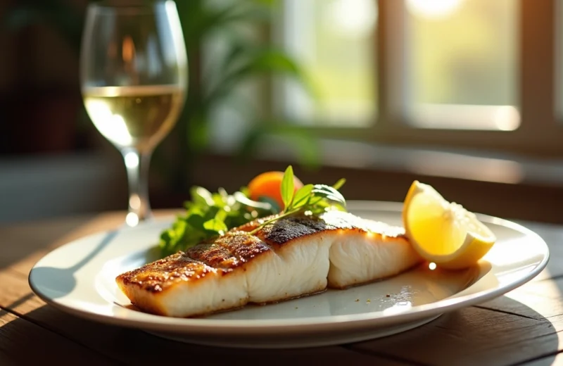Filet de poisson blanc grillé avec citron et vin blanc