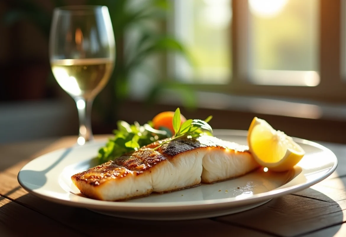 Filet de poisson blanc grillé avec citron et vin blanc