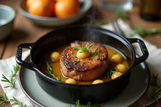 Filet mignon en cocotte avec croûte de moutarde dorée, entouré d'échalotes rôties et de thym frais, vue de dessus sur table en chêne rustique