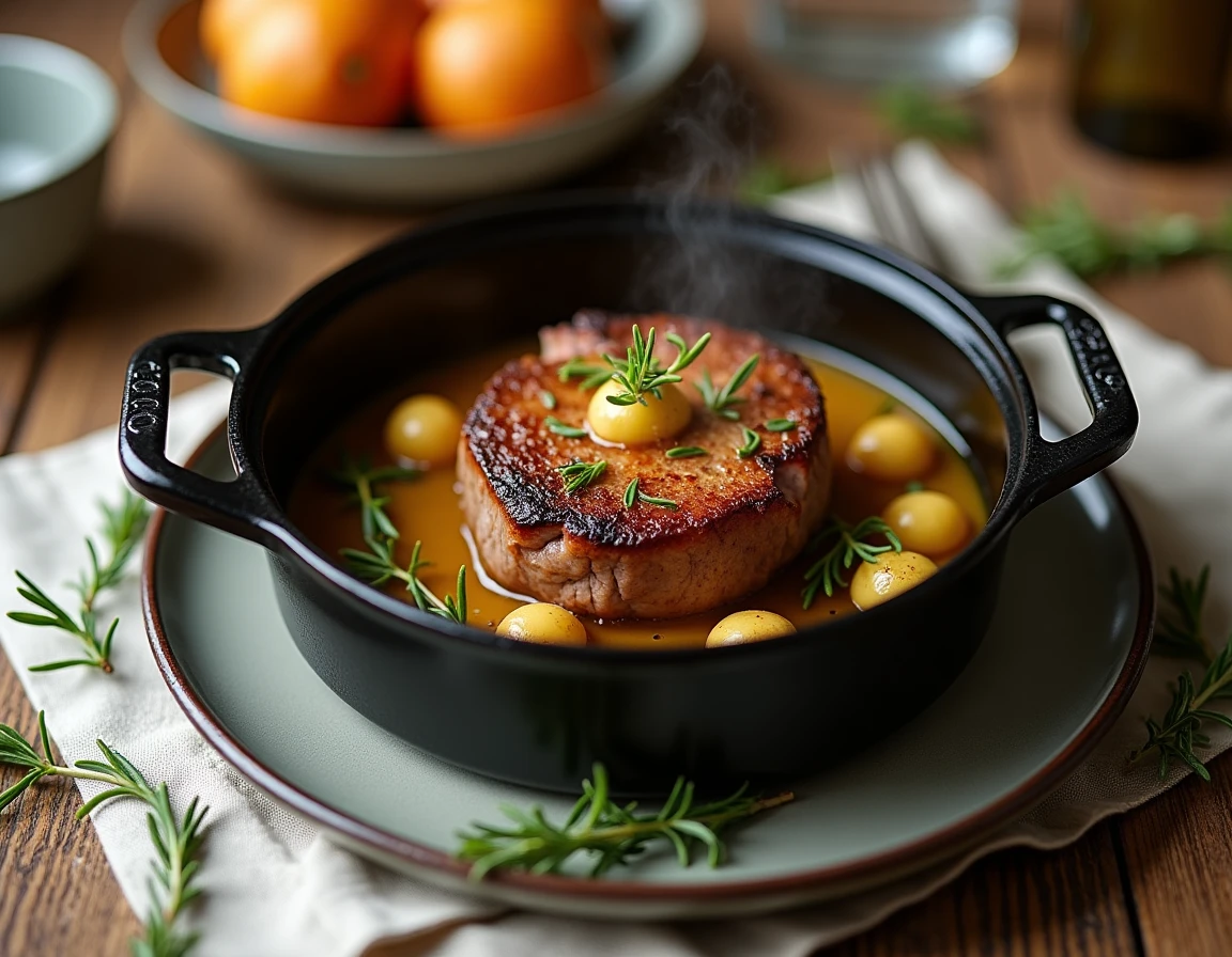 Filet mignon en cocotte avec croûte de moutarde dorée, entouré d'échalotes rôties et de thym frais, vue de dessus sur table en chêne rustique