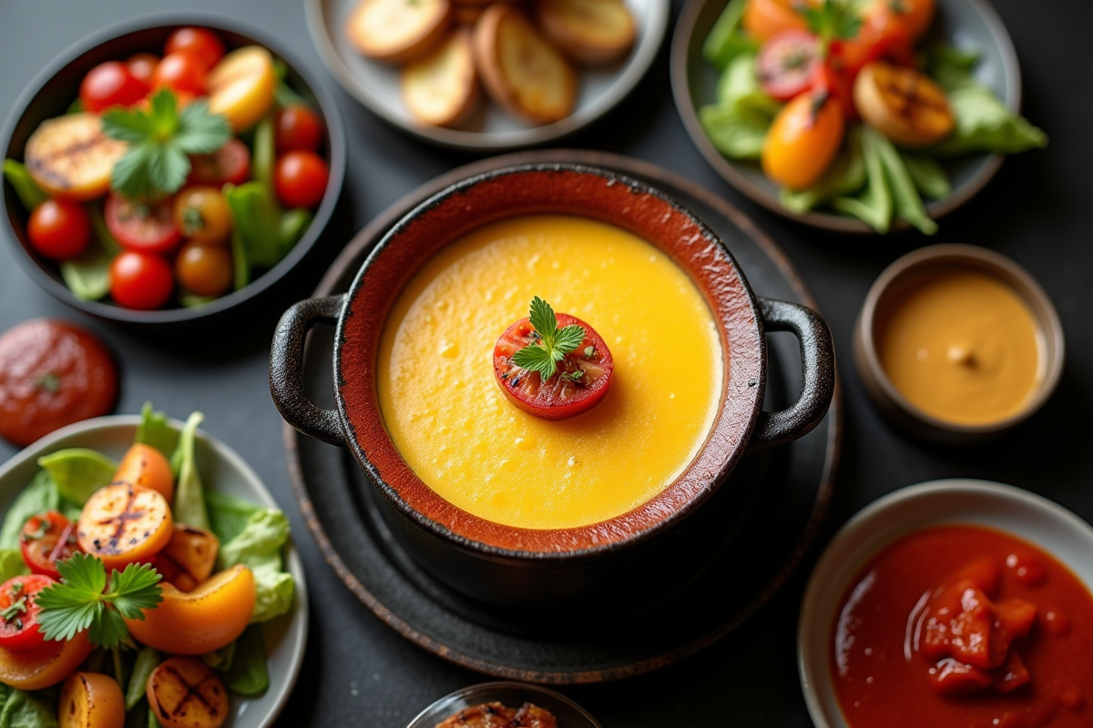Vue de dessus des pots de fondue avec légumes et sauces colorées