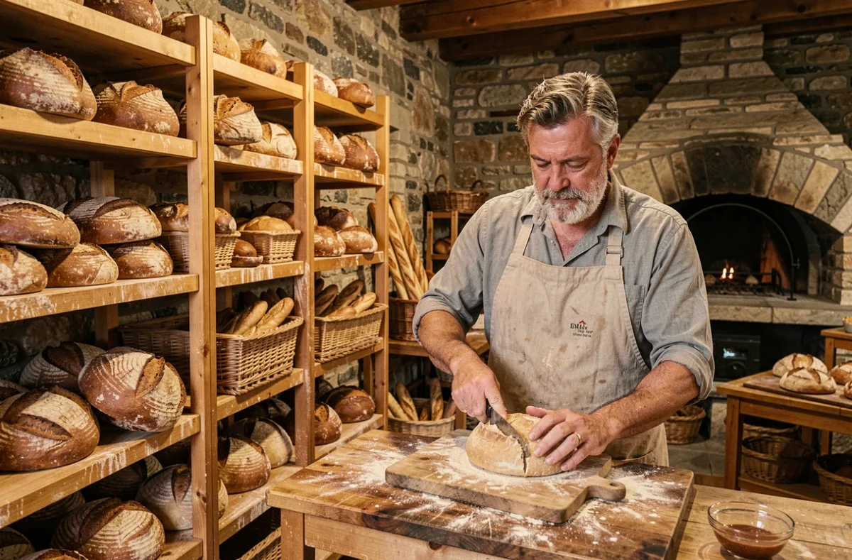 Boulanger du Fournil Messin Maison Pruvost à Metz grignant un pain de campagne rustique devant un four en pierre