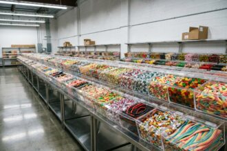 Rayonnages professionnels de bonbons en vrac dans un entrepôt de fournisseur grossiste