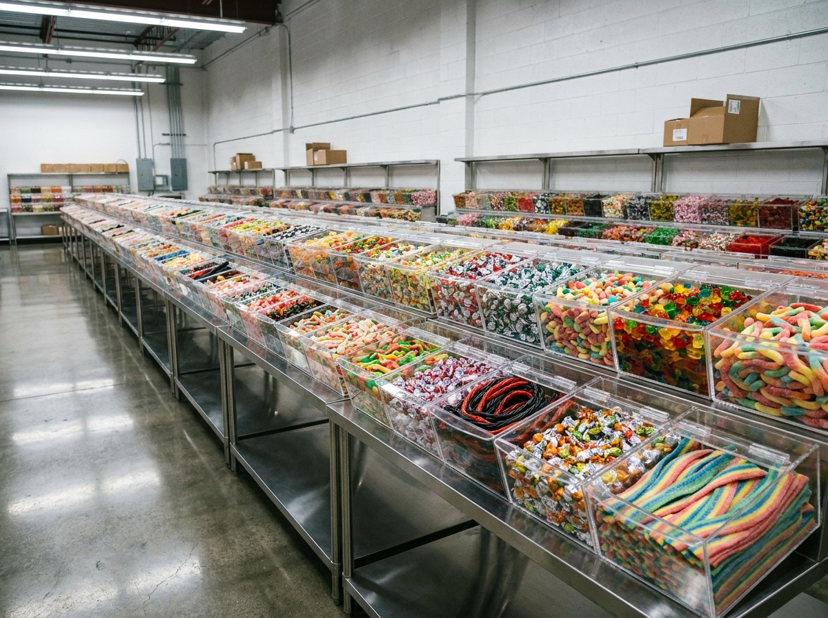 Rayonnages professionnels de bonbons en vrac dans un entrepôt de fournisseur grossiste