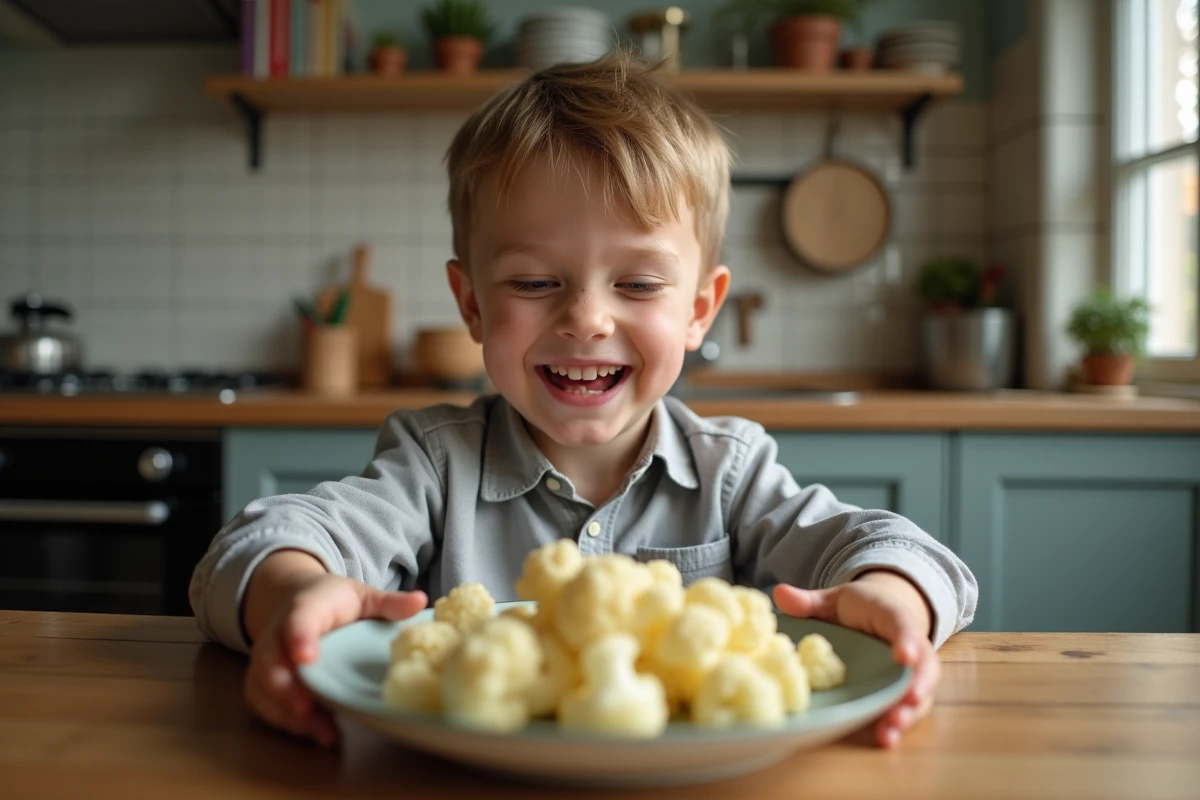 Garçon de dix ans mangeant du chou-fleur vapeur