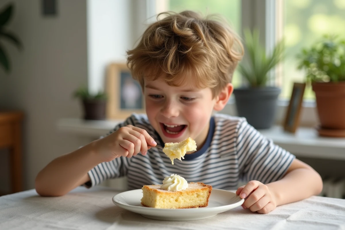 Garçon dégustant une part de gâteau à la pomme