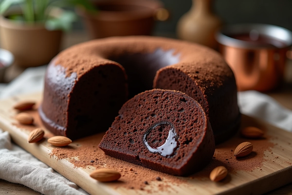 Gâteau au chocolat moelleux fondant maison coupé en parts sur table en bois rustique, révélant un cœur fondant au chocolat noir