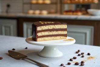 Gâteau opéra entier sur un présentoir en marbre blanc, révélant ses couches de biscuit joconde, crème au beurre café et ganache chocolat, avec une inscription dorée sur le glaçage miroir
