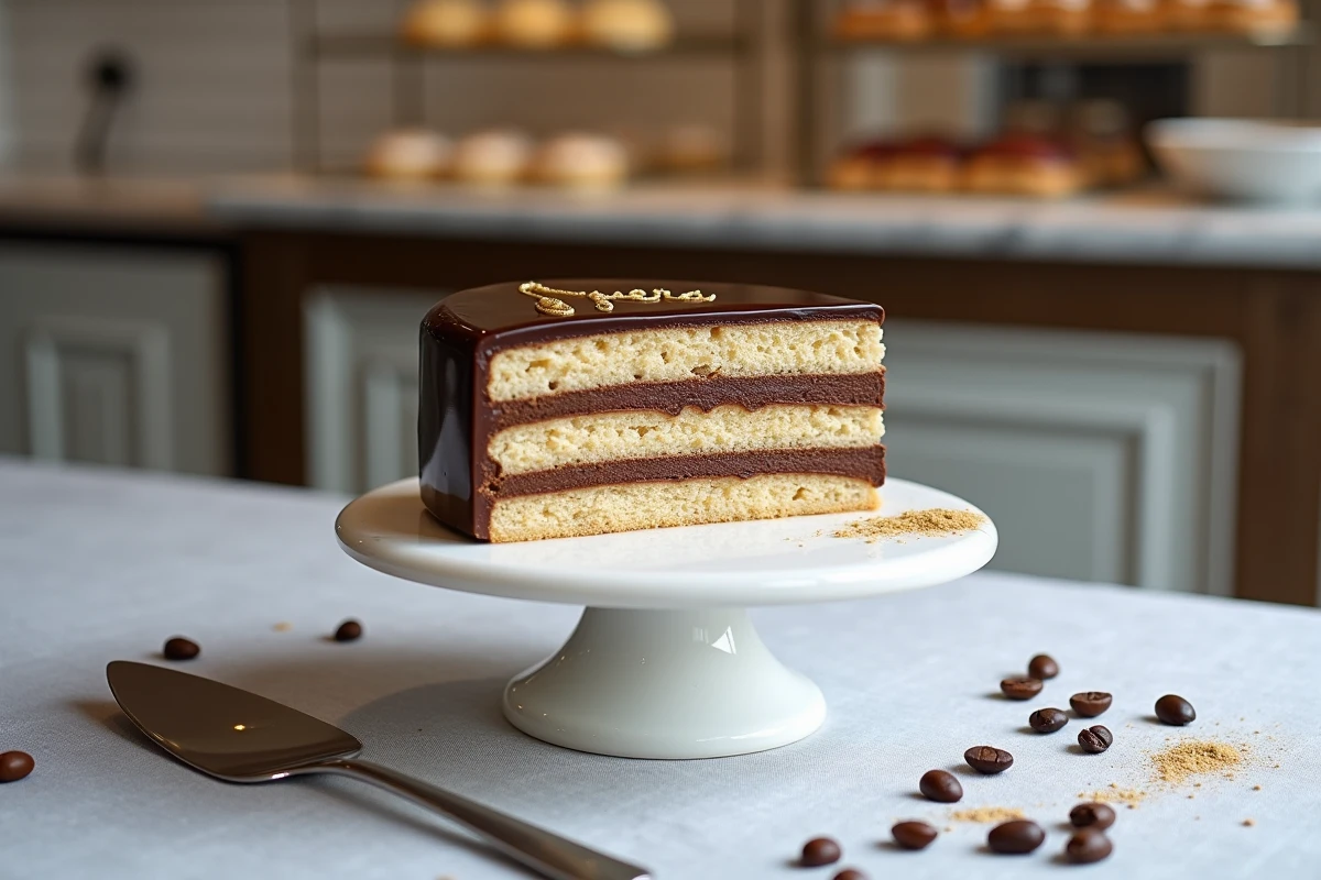 Gâteau opéra entier sur un présentoir en marbre blanc, révélant ses couches de biscuit joconde, crème au beurre café et ganache chocolat, avec une inscription dorée sur le glaçage miroir