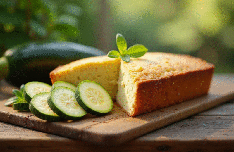 Gâteau de courgette et chèvre tranché sur table rustique
