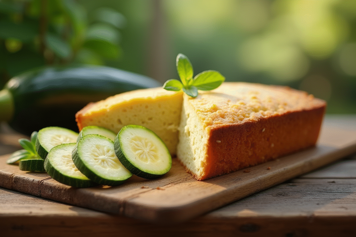 Gâteau de courgette et chèvre tranché sur table rustique