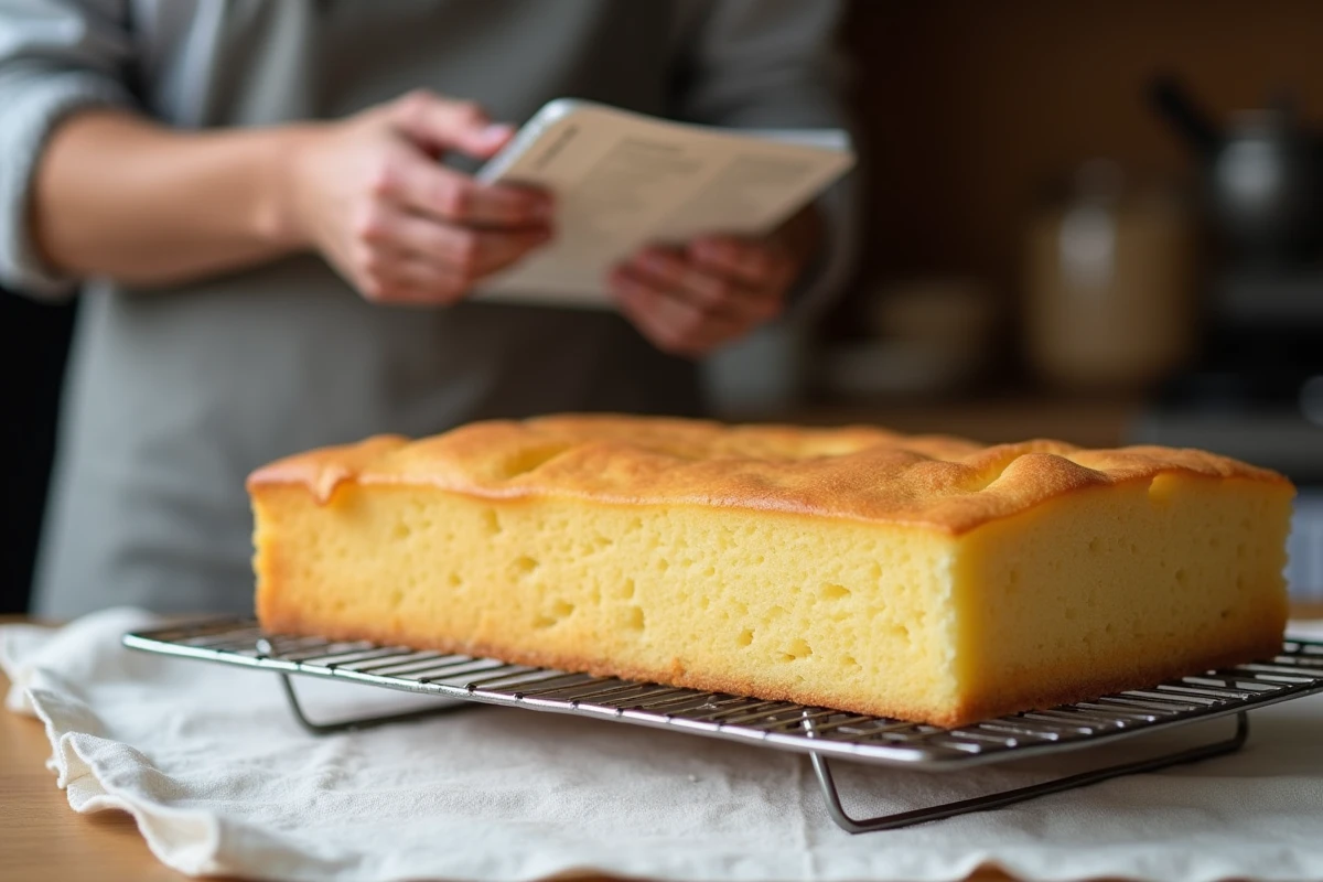 Génoise pour bûche dorée sortant du moule refroidissant sur une grille avec un boulanger en arrière-plan