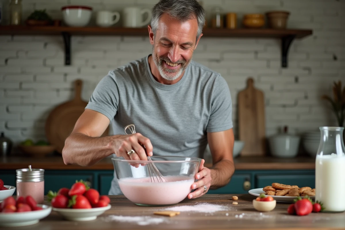 Homme préparant une glace maison sans sorbetière à la fraise avec des ingrédients frais sur une table en bois rustique