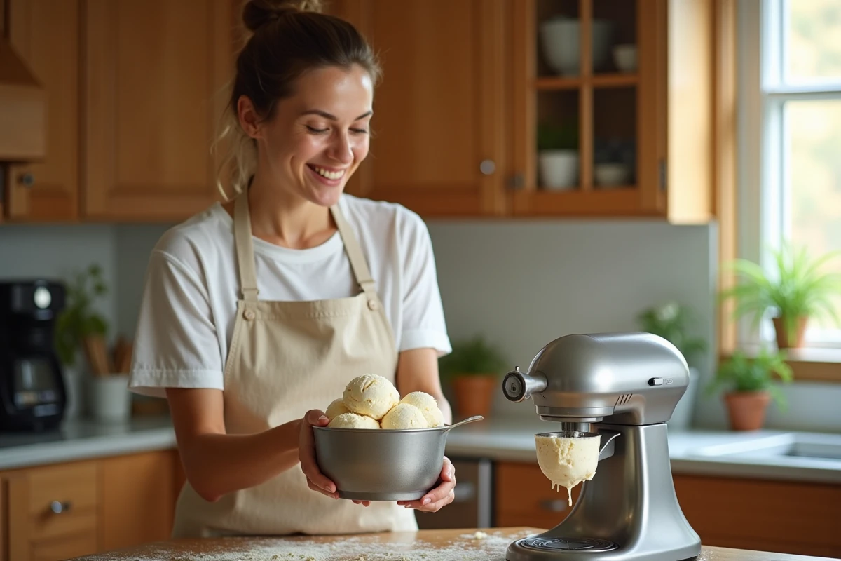 Femme qui scoope une glace maison à la vanille dans une sorbetière argentée sur un plan de travail en bois dans une cuisine chaleureuse
