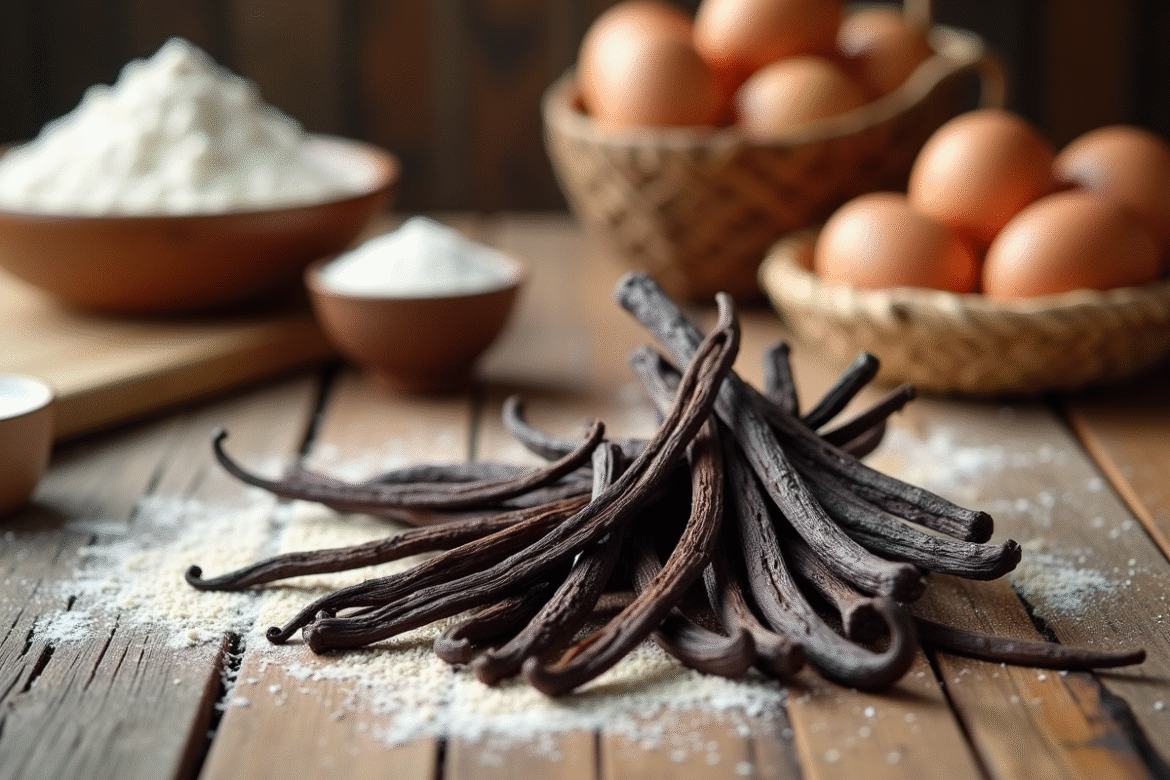 Gousses de vanille entières sur une table rustique