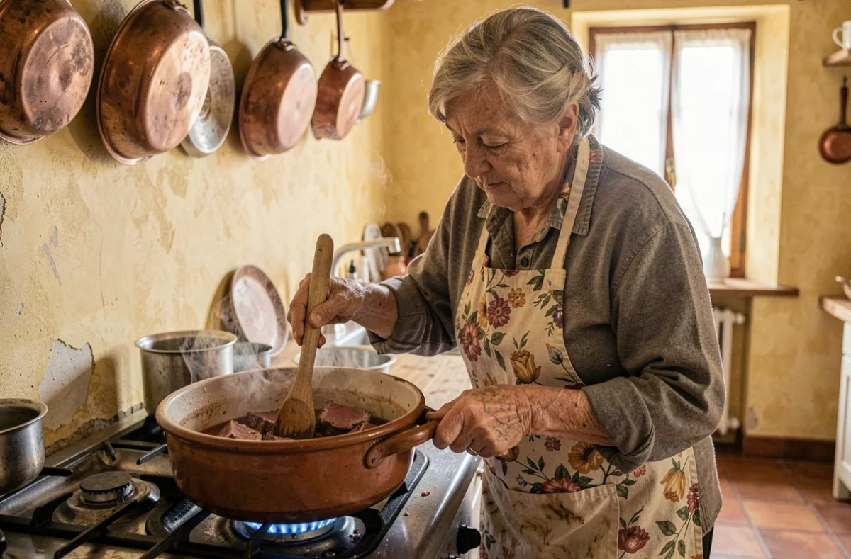 Grand-mère en tablier floral remuant une marinade de chevreuil dans une cocotte en terre cuite dans une cuisine provençale traditionnelle