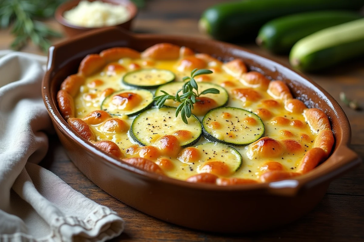 Gratin de courgettes doré et croustillant sorti du four dans un plat en céramique rustique sur une table en bois
