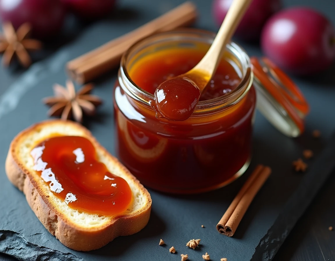 Gros plan d'un pot de confiture de prunes caramélisée avec une tartine de pain au levain sur une ardoise