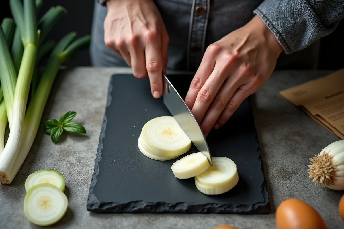 Gros plan sur la coupe de poireaux en rondelles avec un couteau d'office sur une planche en ardoise