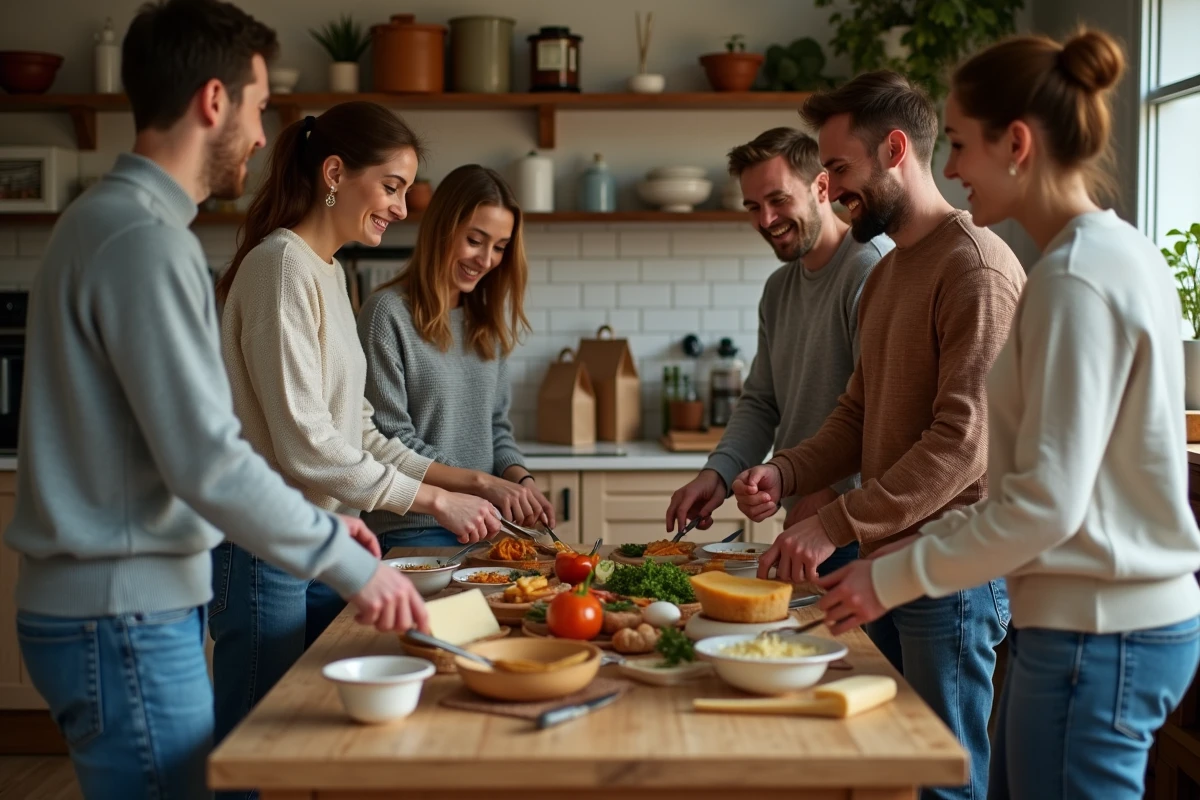 Groupe d'amis préparant une raclette dans une cuisine chaleureuse
