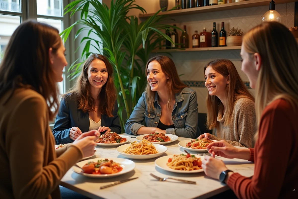 Groupe d'amis riant autour d'une table à Ober Mamma Paris