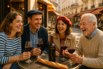 Groupe d'amis français dégustant du vin en terrasse