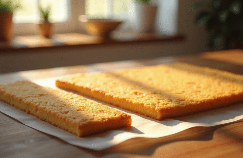 Gâteau joconde frais sur une table en bois en lumière naturelle