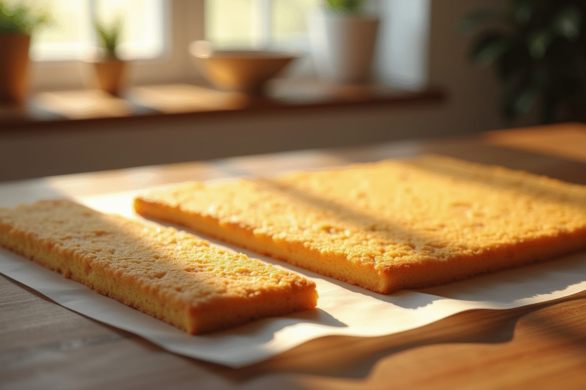 Gâteau joconde frais sur une table en bois en lumière naturelle