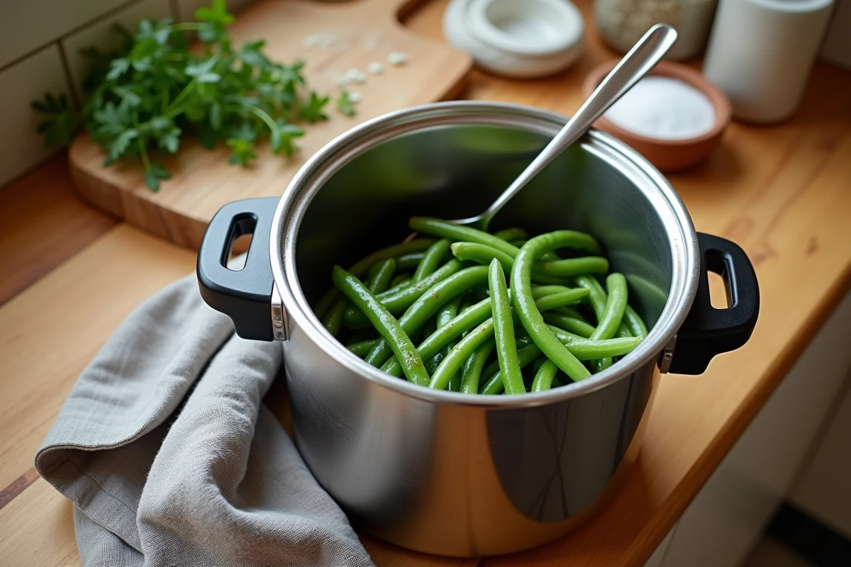 Haricots verts ultra verts cuisinés à la cocotte minute ouverte sur un plan de travail en bois, vapeur légère visible