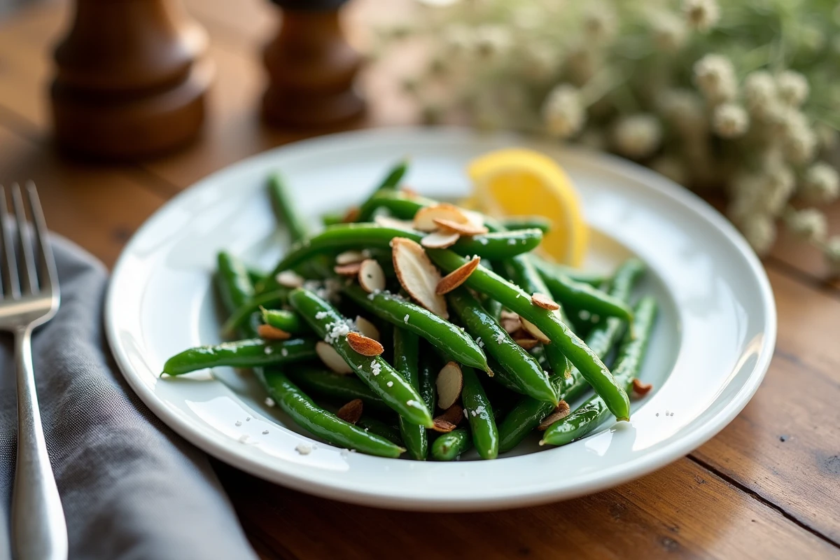 Assiette de haricots verts croquants assaisonnés aux amandes grillées et fleur de sel, résultat de la cuisson à la cocotte minute
