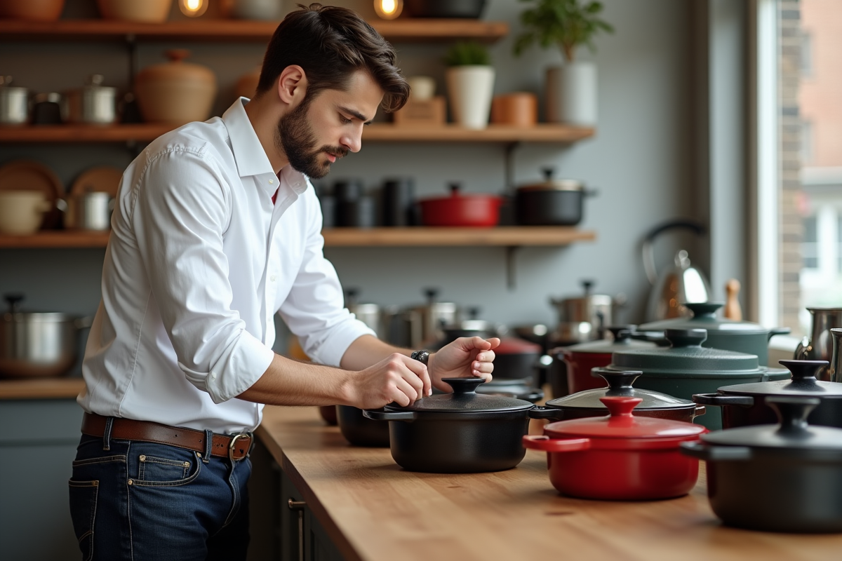 Jeune homme examinant des casseroles en magasin moderne