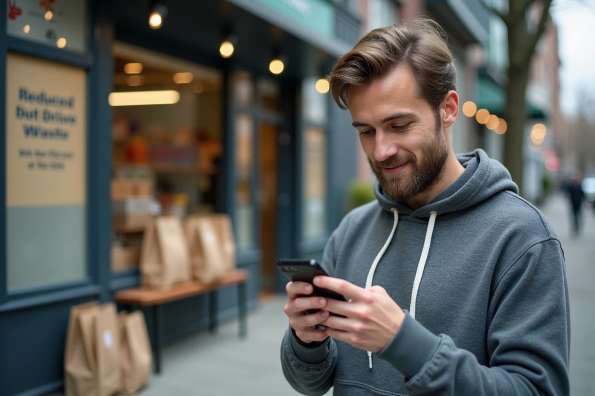 Homme consultant une application anti-gaspi sur son smartphone devant un point de retrait drive en milieu urbain