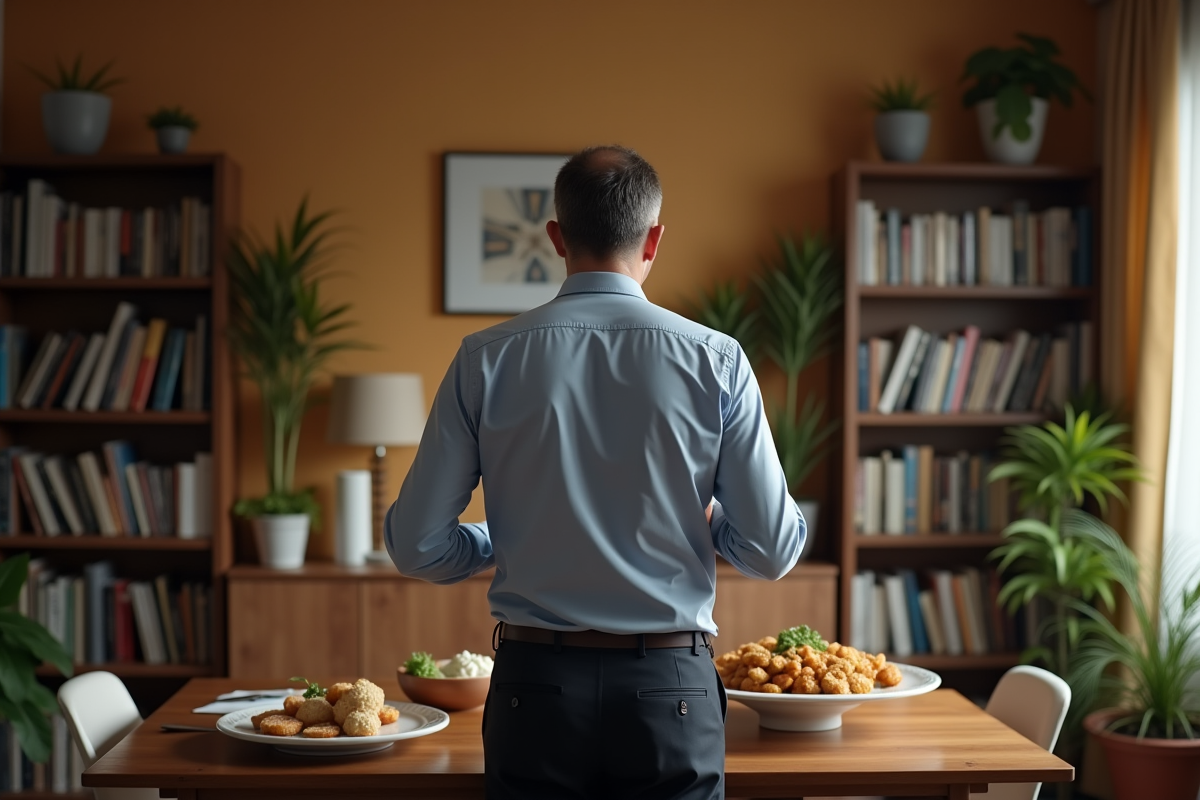 Homme d affaires préparant un repas dans un salon chaleureux