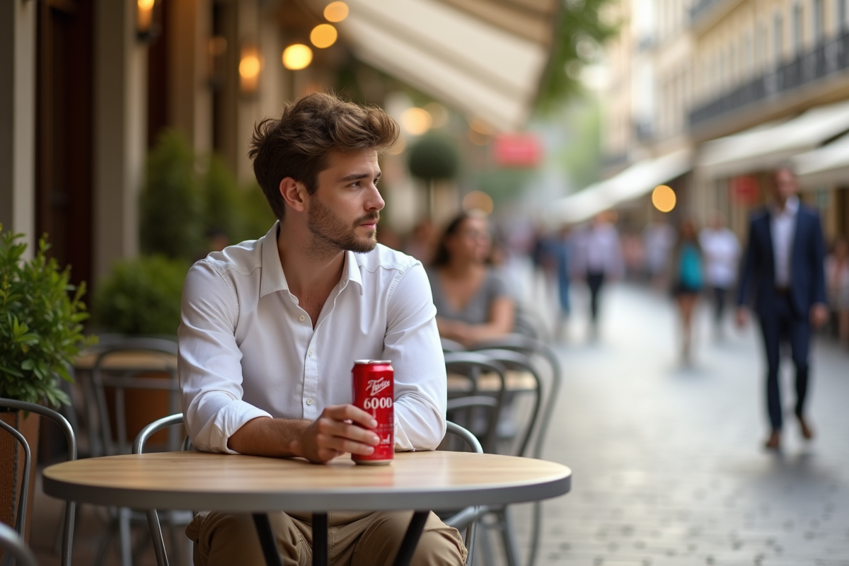 Jeune homme au café avec canette soda zéro calorie