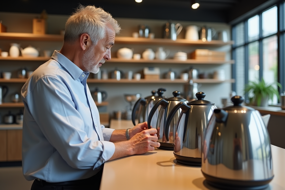 Homme âgé examinant des bouilloires électriques en magasin