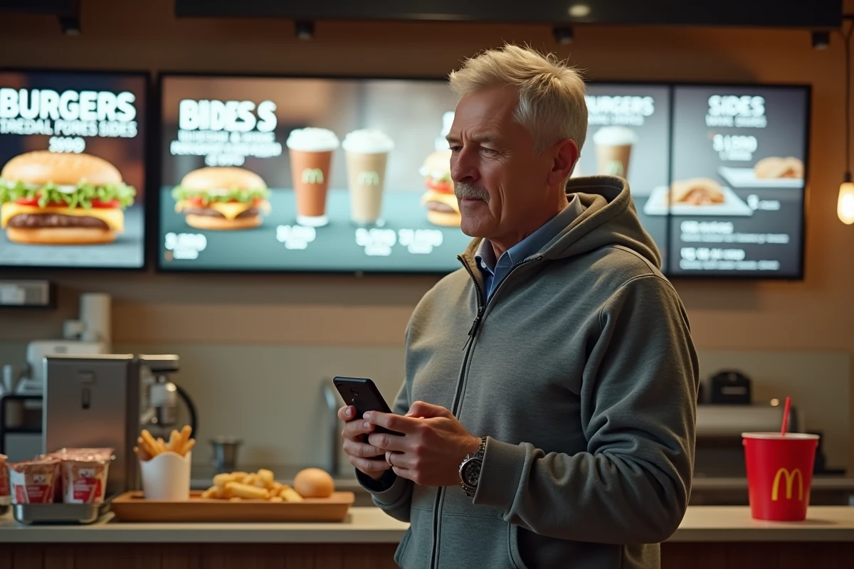 Homme comparant les prix des menus McDonald's sur l'écran numérique du restaurant