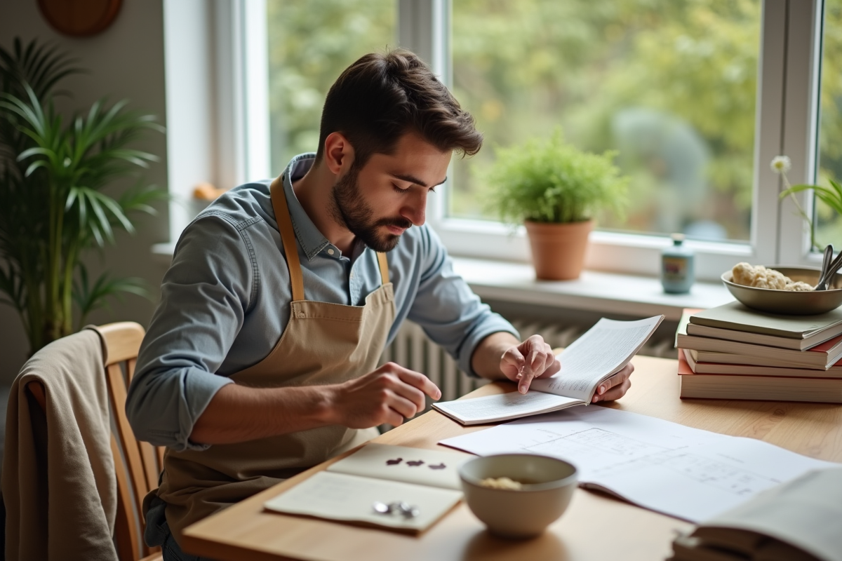 Jeune homme pointant une fiche de conversion en cuisine