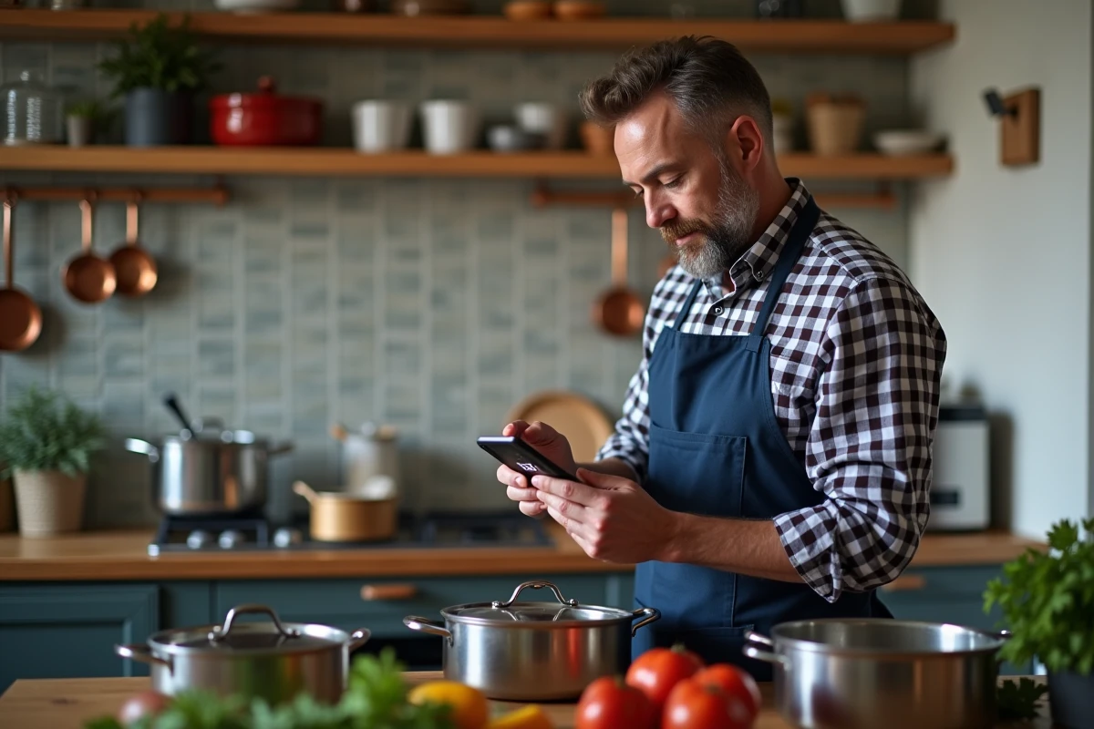 Homme en cuisine avec plusieurs casseroles et smartphone