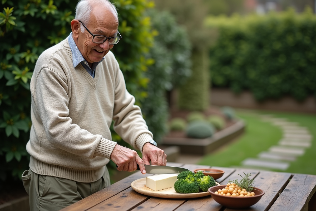 Homme âgé coupant du tofu dans un jardin paisible