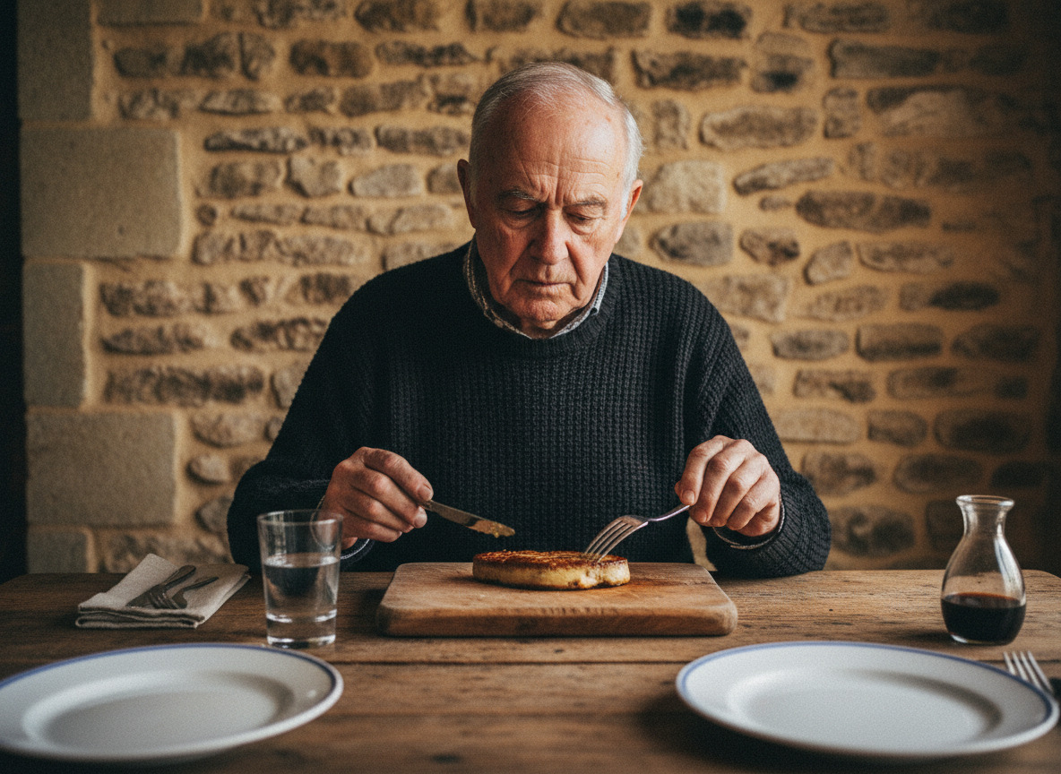 Homme dégustant une tranche de foie gras à table