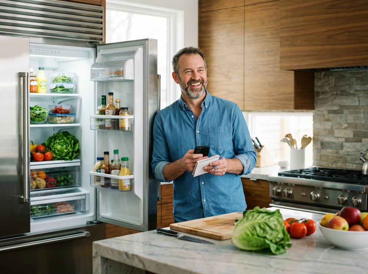 Homme devant le frigo prenant des notes avec son smartphone