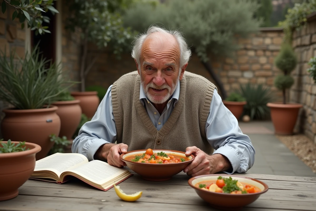 Homme italien dégustant minestrone en extérieur dans un jardin