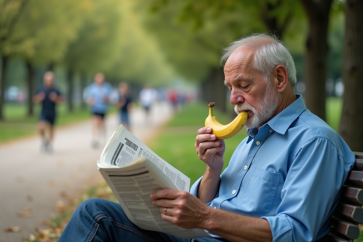 Homme retraité lisant un journal dans un parc en été